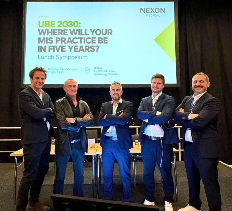 UBE 2030 faculty on stage at EUROSPINE 2026 before the lunch symposium on the future of biportal endoscopic spine surgery