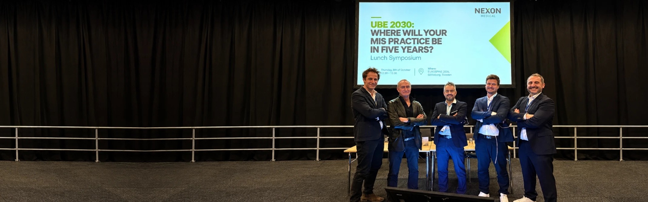 UBE 2030 faculty of biportal endoscopic spine surgery on stage at the Nexon Medical lunch symposium, EUROSPINE 2026 Gothenburg