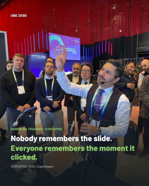 Hands-on biportal endoscopy training on a simulator at the Nexon Medical booth during EUROSPINE